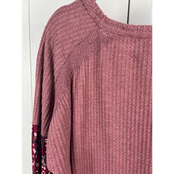 Know Rose Pink Raglan Waffle Knit Boho Top Mixed Print Floral Hippie XXL - Picture 4 of 9